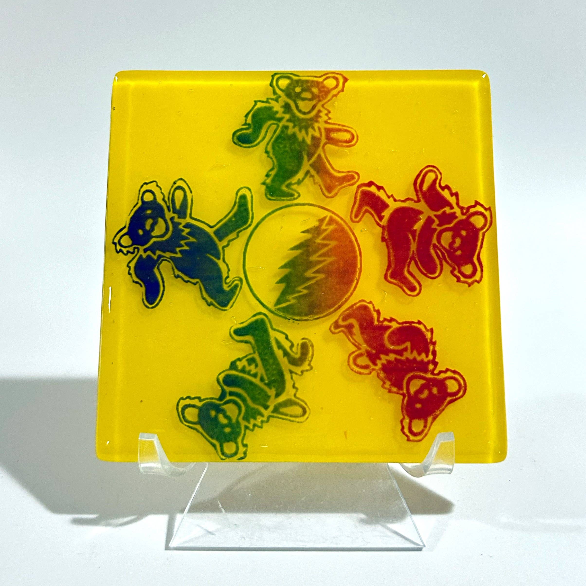 Kiku Handmade | Contemporary Fused Glass Home Goods - Wholesale Coasters - Deadhead Dancing Bears Fused Glass 4" Single Coaster2