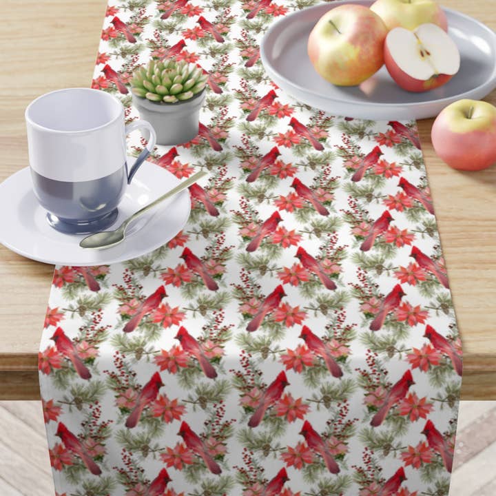 White Crimson Cardinal Christmas & Winter Wedding Table Runner for wholesale on Faire