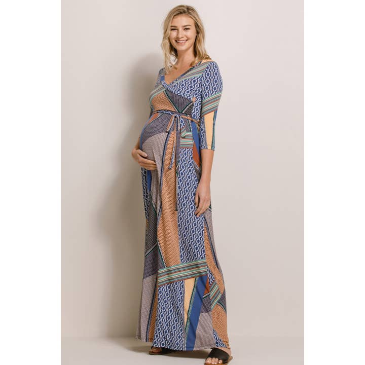 Multi Surplice Geo Print Nursing Faux Wrap Maxi Dress for wholesale on Faire2