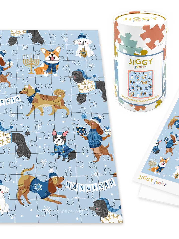 JIGGY Junior 100pc: Dog Hanukkah by Arrolynn Weiderhold for wholesale by JIGGY Puzzles