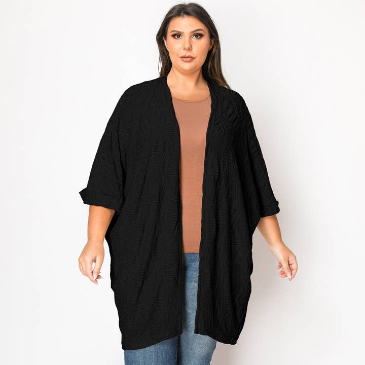 SPIRAL WAVE TEXTURED DOLMAN CARDI CURVE - BLACK for wholesale by Coin 1804