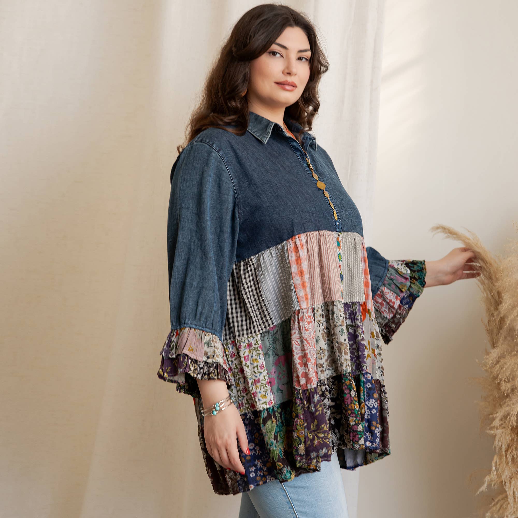 Young Threads - Wholesale Blouse - Women's - Western Denim Yoke Patchwork Tiered Tunic Top (New Color)2