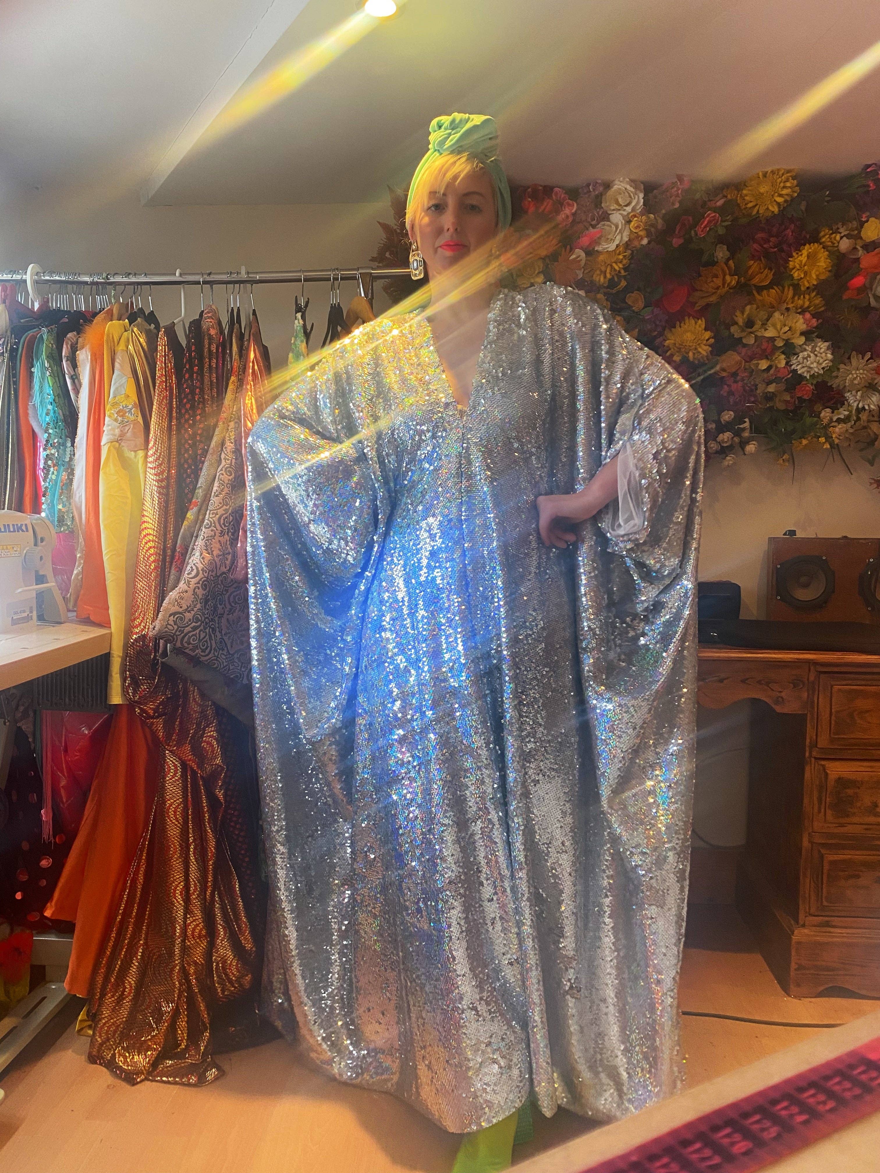 Fumbalinas – wholesale Kaftan – Women's – Silver Metallic Holographic/  Sequin Kaftan Gown / Dress48