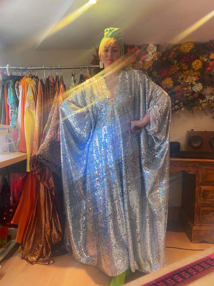 Fumbalinas - Wholesale Kaftan - Women's - Silver Metallic Holographic/ Sequin Kaftan Gown / Dress48