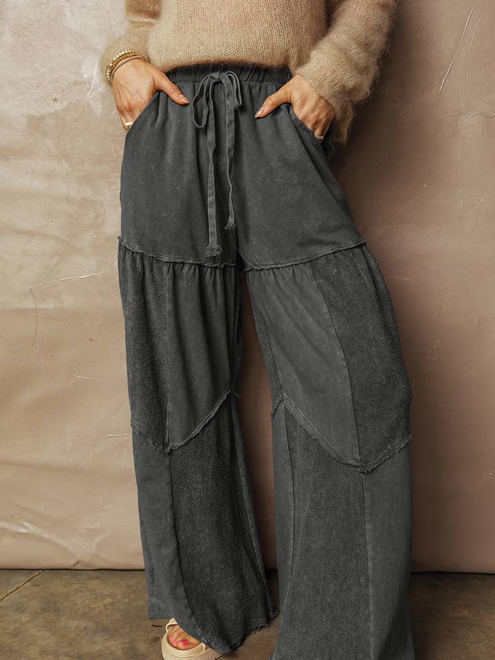 FULL TIME PURCHASE - Wholesale Pants - Women's - Mineral Wash Tiered Wide Leg Patchwork Drawstring Pants1