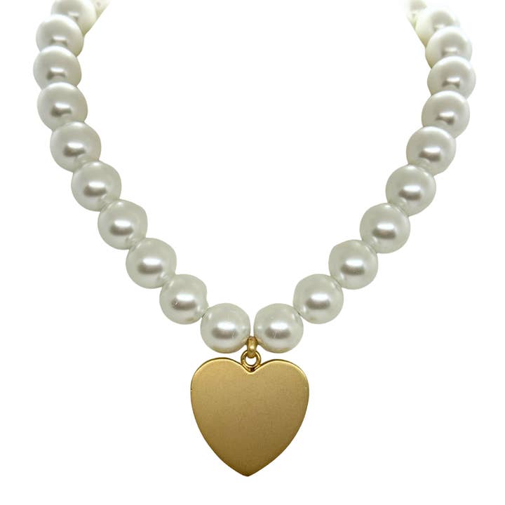 White Bubble Pearls With Large Matte Gold Heart Pendant for wholesale by Deborah Grivas Designs