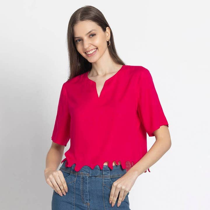 Fuchsia v-neck embroidered asymmetric hem crop blouse for wholesale by Benares