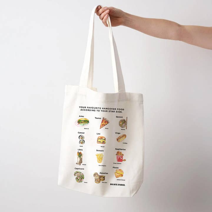 SHOPPING TOTE — YOUR STAR SIGN AS HANGOVER FOOD for wholesale by Big Bite Studios