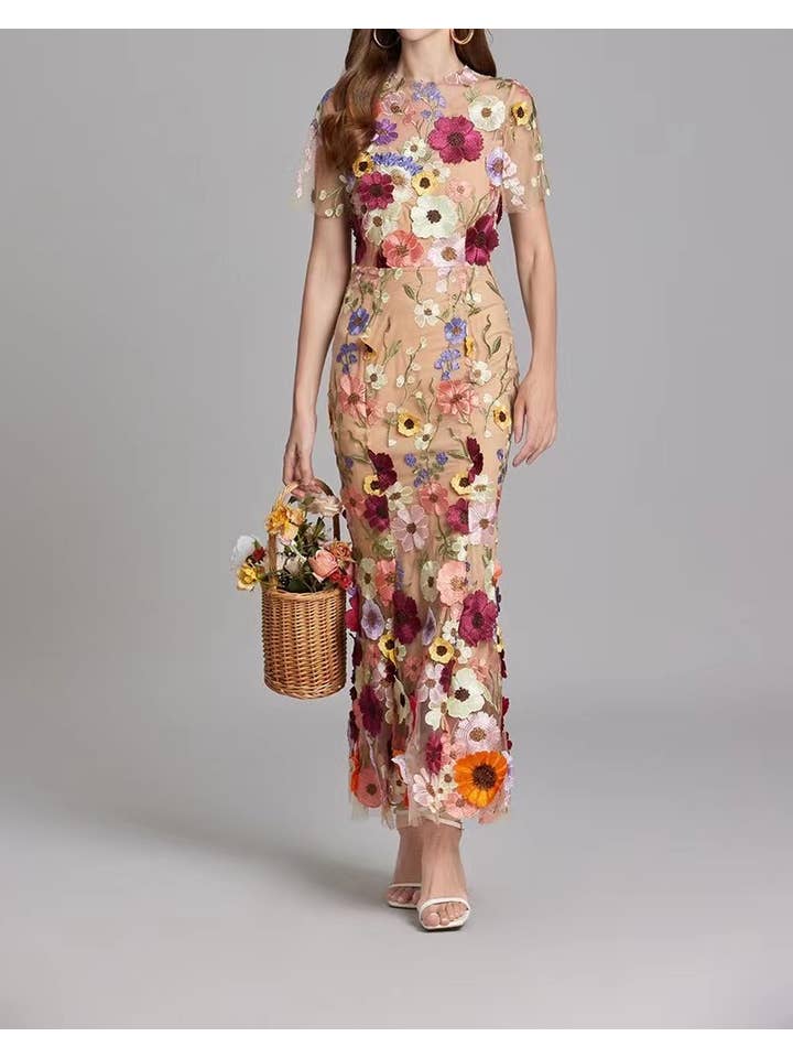 Productseeker - Wholesale Formele jurk - Dames - DR0270Y elegante avondjurk met bloemen in mesh en visstaart12