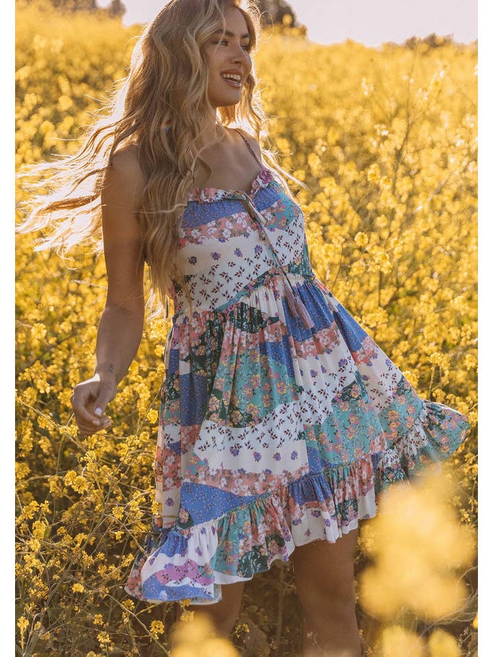 Ivory Jade Bohemian Floral Patchwork Tiered Mini Dress for wholesale on Faire