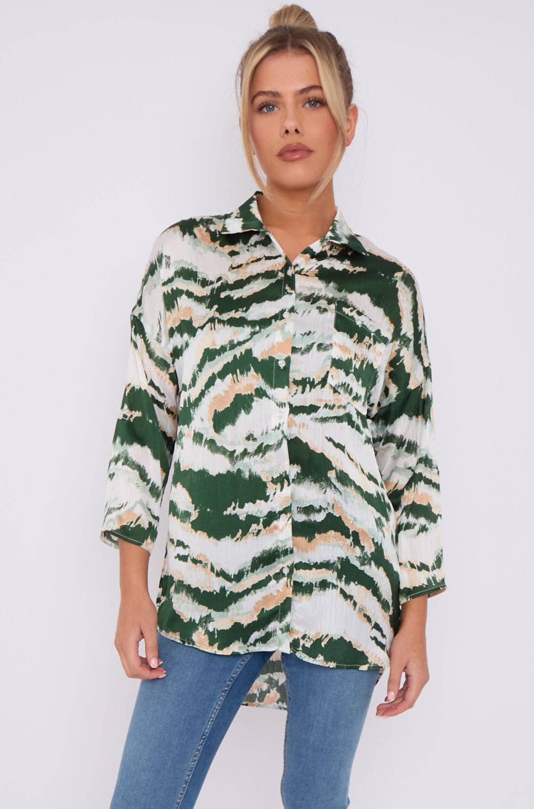 Green Tie Dye Stripe Print Satin Oversized Shirt for wholesale on Faire2