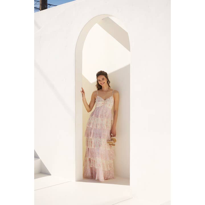 in february - Wholesale Dress - Women's - ROMANTIC FLORAL TIERED MAXI DRESS WITH RUCHED BUST