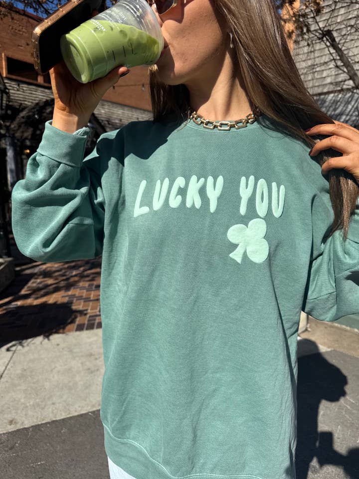 St. Patrick's Day Lucky You Puff Ink Green CC Sweatshirt for wholesale by LivyLu