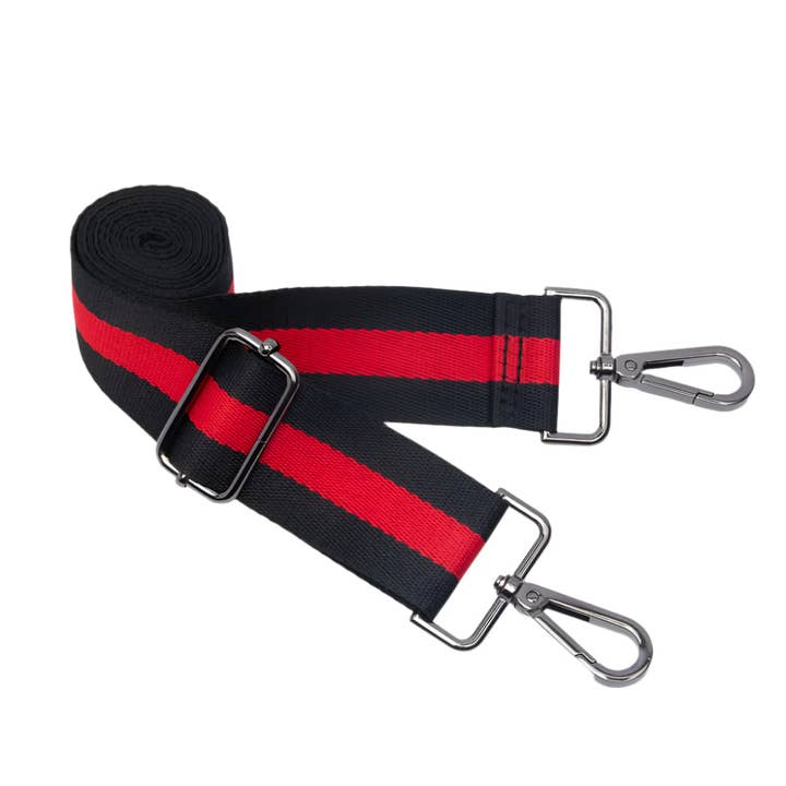 Red and Black Striped Strap with gunmetal hardware for wholesale by WanderFull