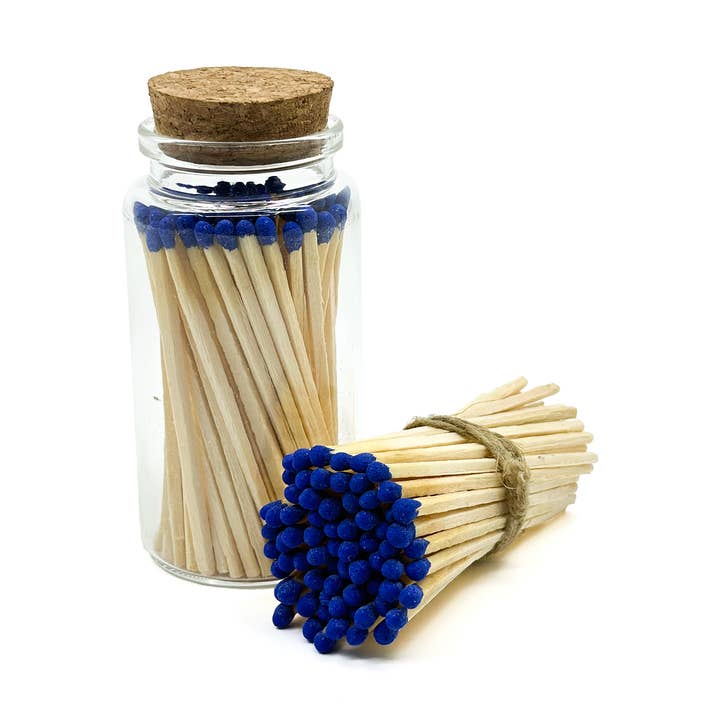 Blauwe veiligheidslucifers in pot - glazen fles van 3" inch voor wholesale door Chandler Studio