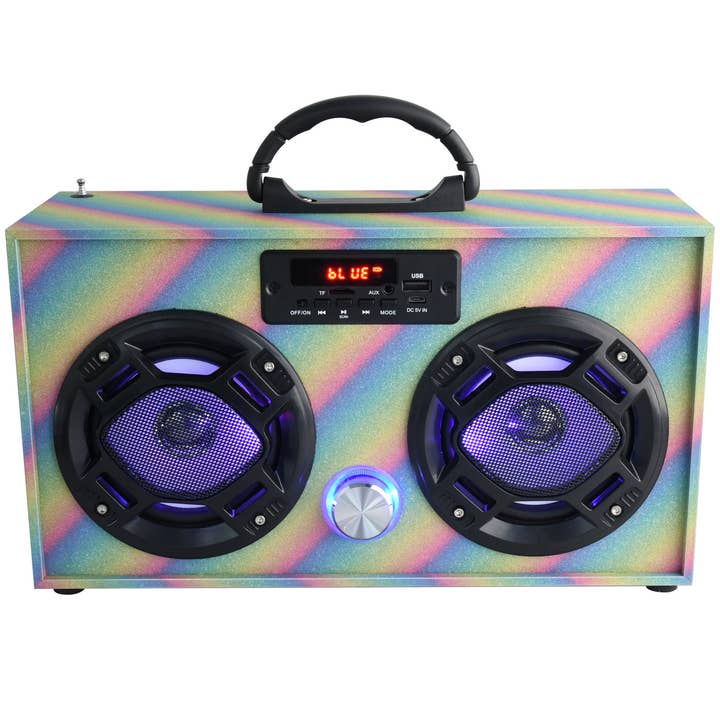 Glitter Rainbow Wireless Boombox with FM Radio for wholesale by Trend Tech Brands