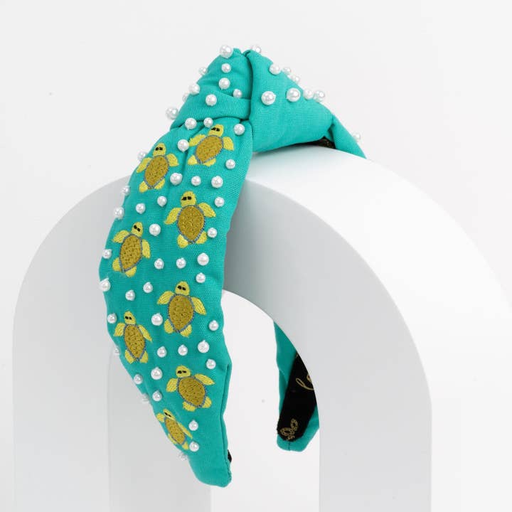 Embroidered Turtle & Pearl Beaded Turquoise Canvas Headband for wholesale by La Bella