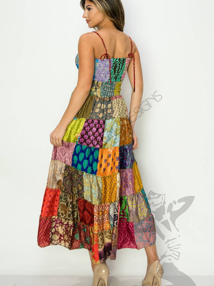 JUST CRUISING - India Casual Designs - Wholesale Dress - Women's - Bohemian Patchwork Maxi Dress with Shoulder Straps