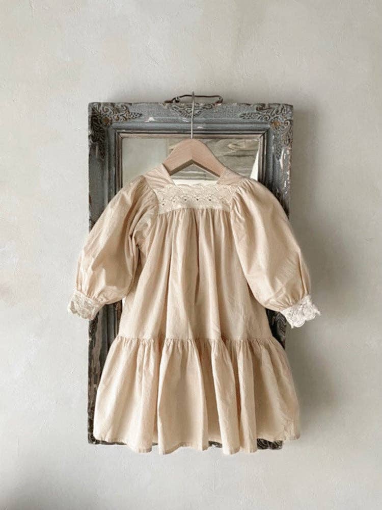 MyKids-USA® - Wholesale Dress - Kids - Baby Girl Solid Color Lace Design Square Neck Long Sleeves Princess Dress3