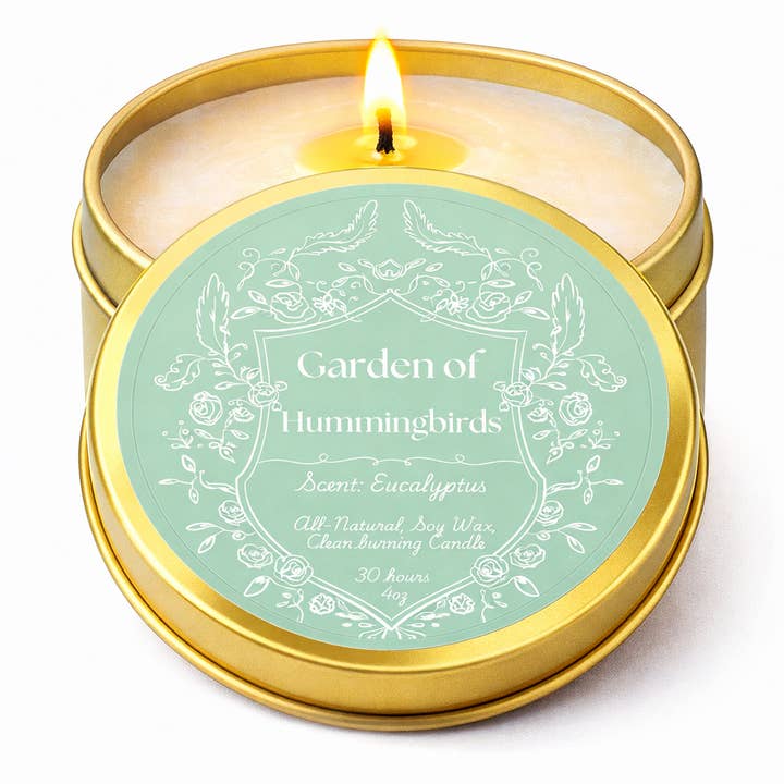 Garden of Hummingbirds Eucalyptus Travel Tin Candle - 4oz for wholesale by Feather & Flame Inc