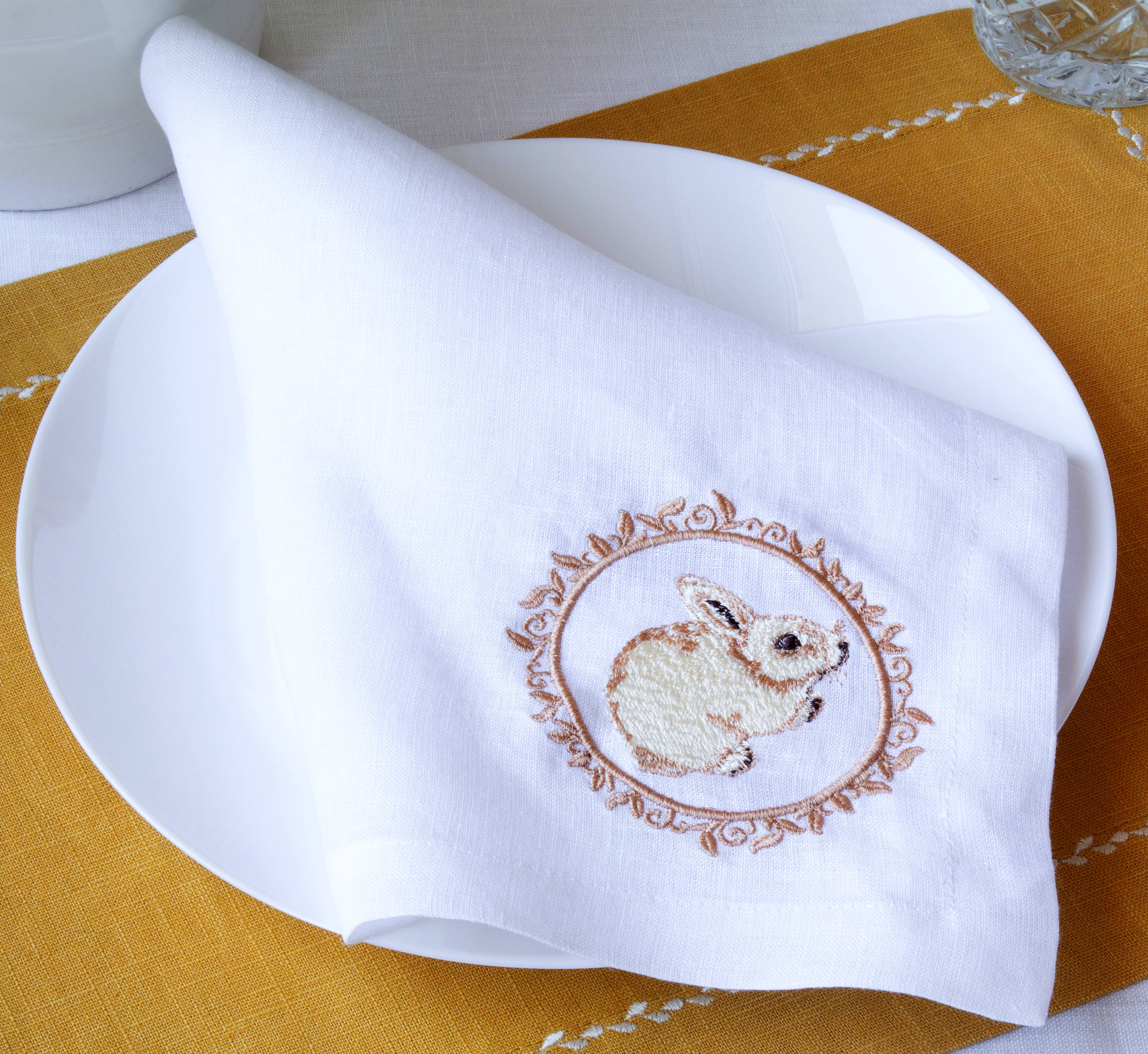 Liem Home – Guardanapo e pano de jantar por atacado – Guardanapos de linho bordados com coelho da Páscoa, Guardanapo de Jantar de Páscoa3