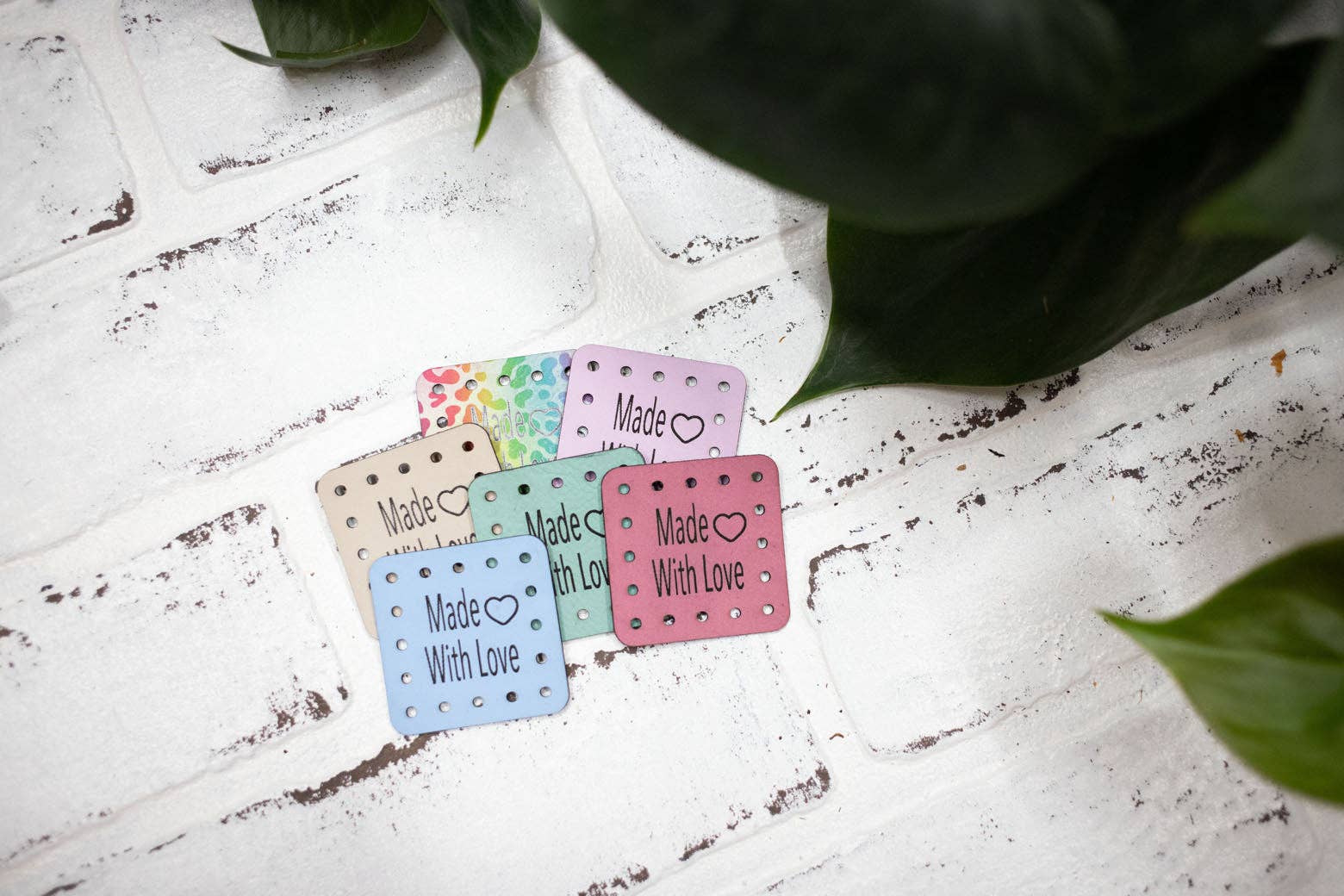 The McGarvey Workshop - Wholesale Craft Supplies - Made with Love Tags, Faux Leather Labels for Handmade Items, Custom Faux Leather Tags for Knitting and Crochet, 1.75" x 1.75" (Copy)3