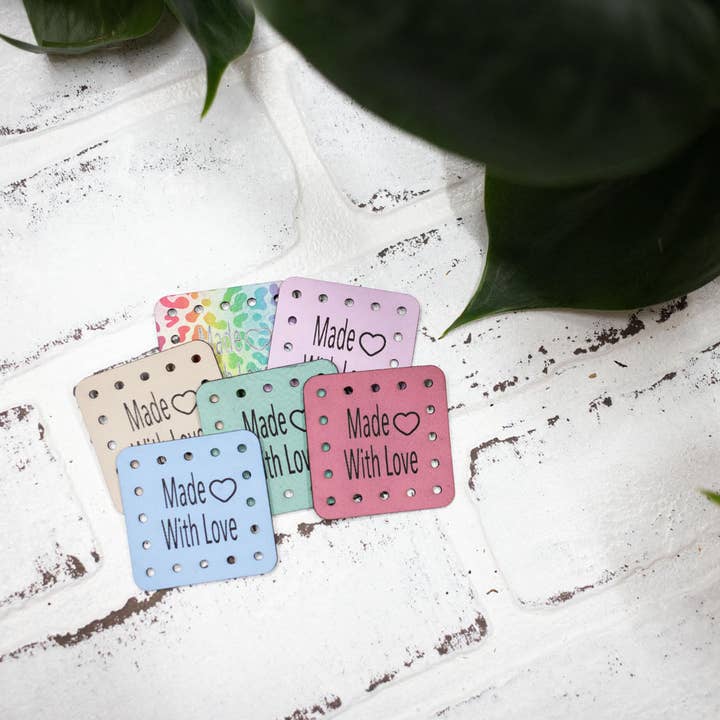 The McGarvey Workshop - Wholesale Craft Supplies - Made with Love Tags, Faux Leather Labels for Handmade Items, Custom Faux Leather Tags for Knitting and Crochet, 1.75" x 1.75" (Copy)3