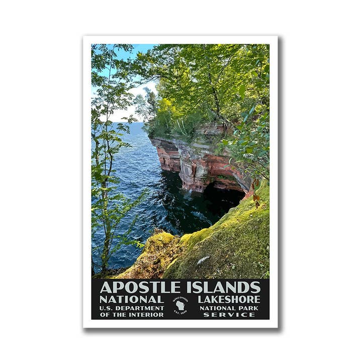 Affiche nationale des îles Apôtre au bord du lac, WPA (grottes marines) - WS pour la vente par Just Go Travel Studios