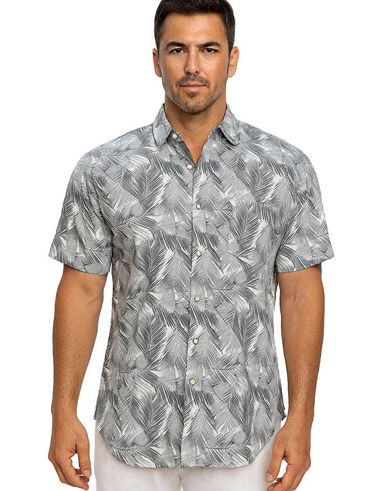 Men Cotton-Gauze Print S/S Shirt-WH/GREY-MCS3699-B M-2XL for wholesale by Azucar & Bohio