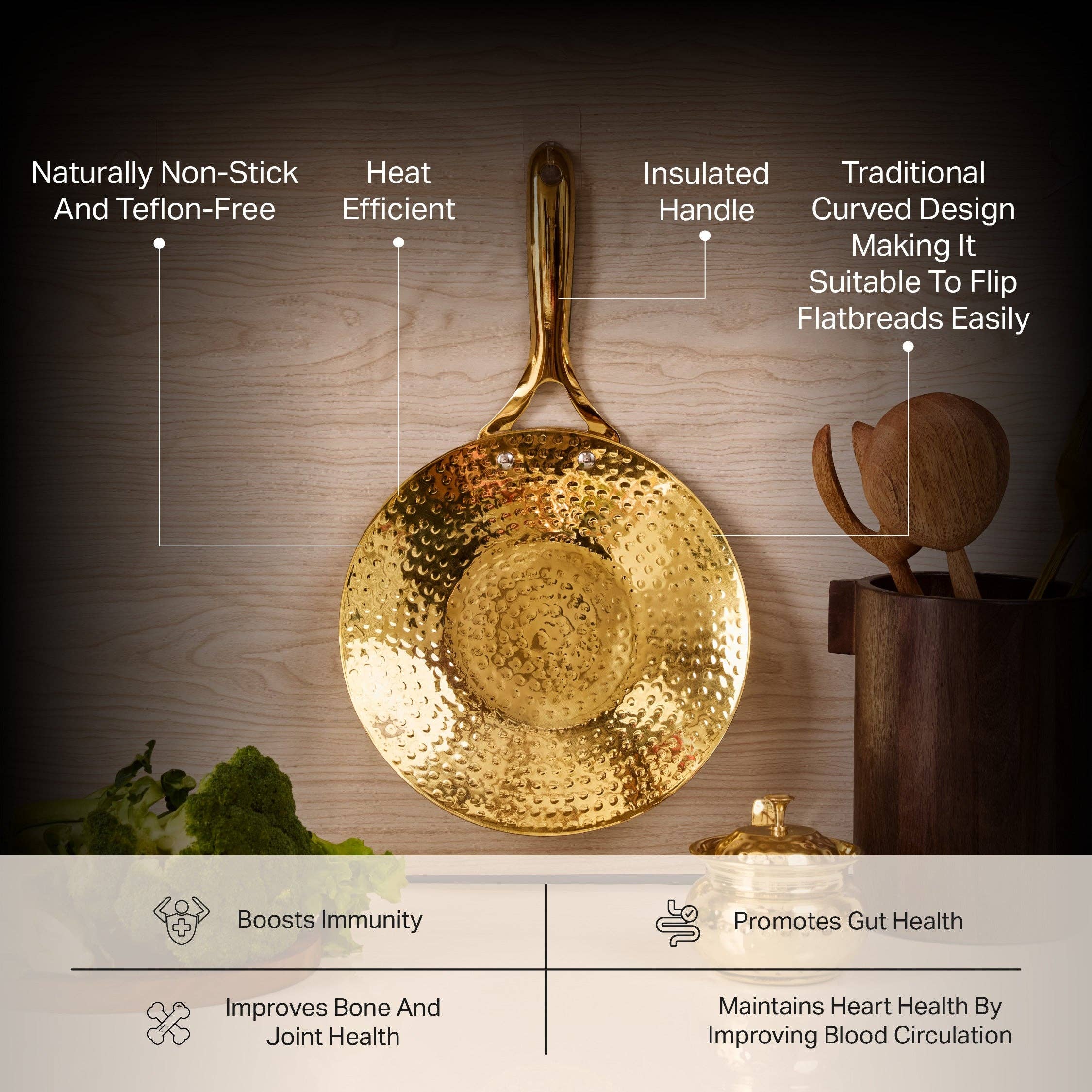 P-TAL – wholesale Cookware set – Brass Essentials Combo Set (Brass Roti Tawa with Insulated handle, Brass Ghee Pot, Brass Kadhai with Insulated handles & Glass lid)6