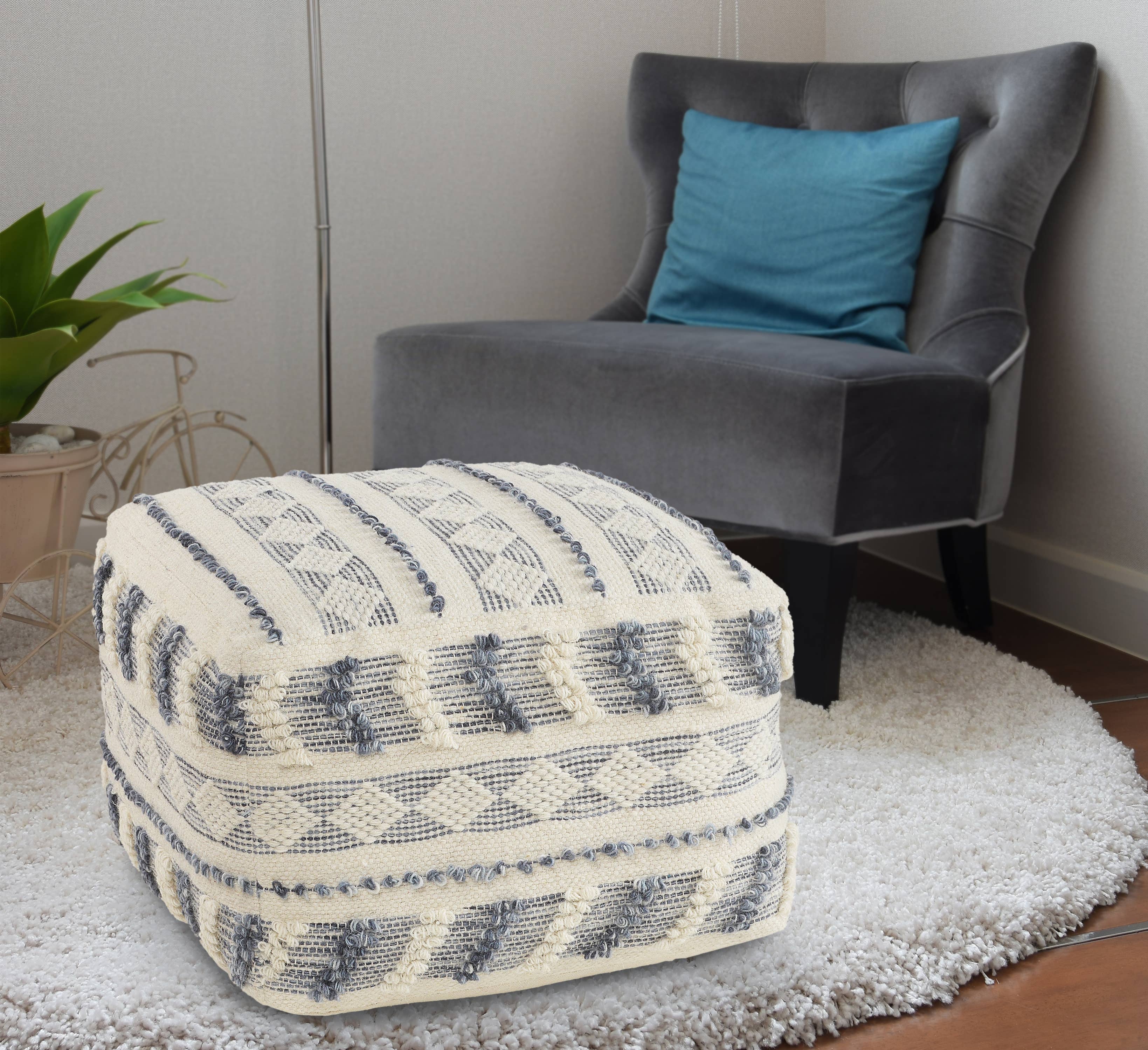Navy Blue Ivory Handmade Flat-Woven Wool Pouf – Quick Seat or Ottoman for wholesale on Faire1