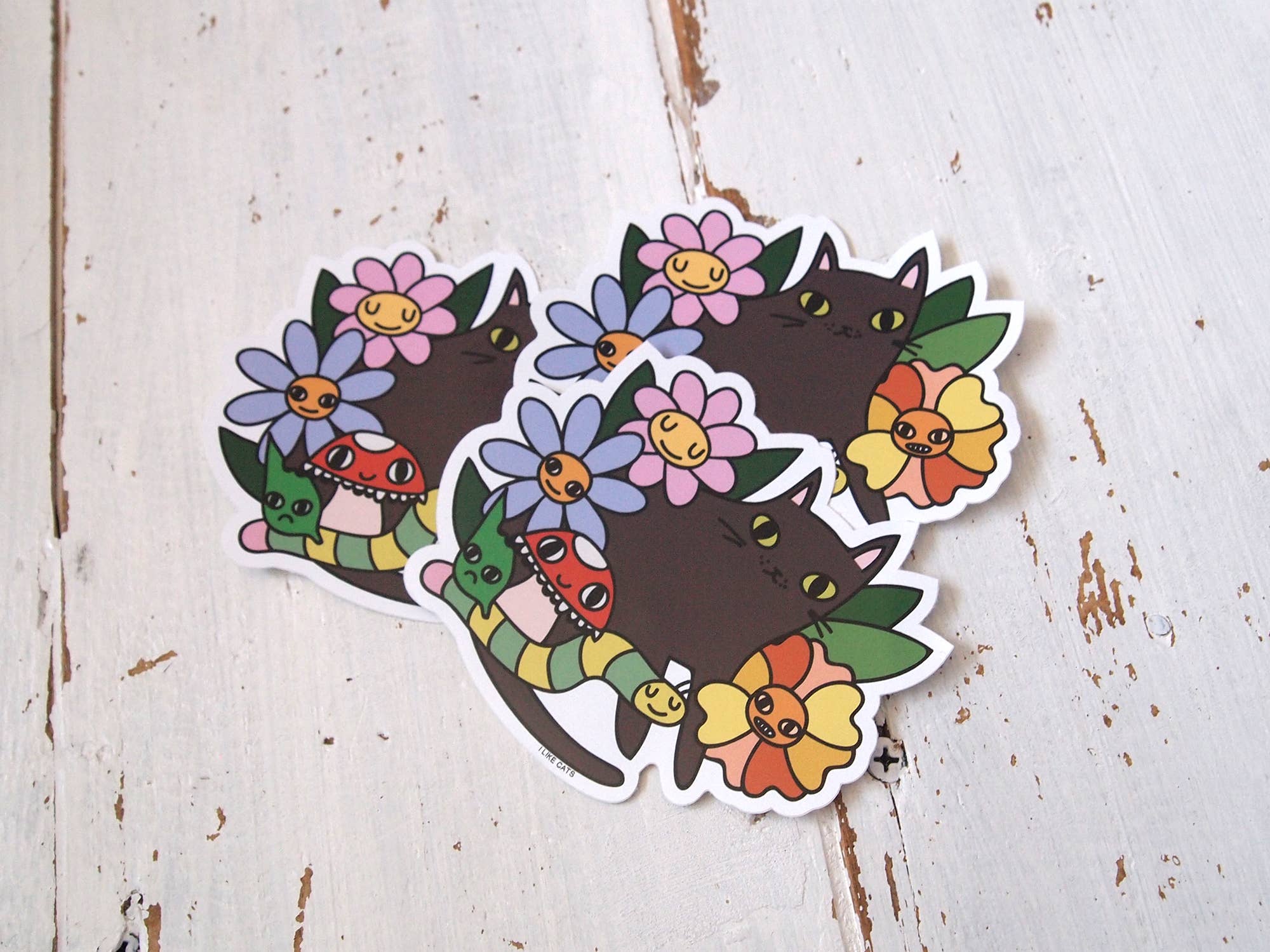 I LIKE CATS - Wholesale Sticker - Black cat with flowers, bugs and mushroom vinyl sticker4