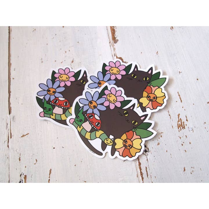 I LIKE CATS – wholesale Sticker – Black cat with flowers, bugs and mushroom vinyl sticker4
