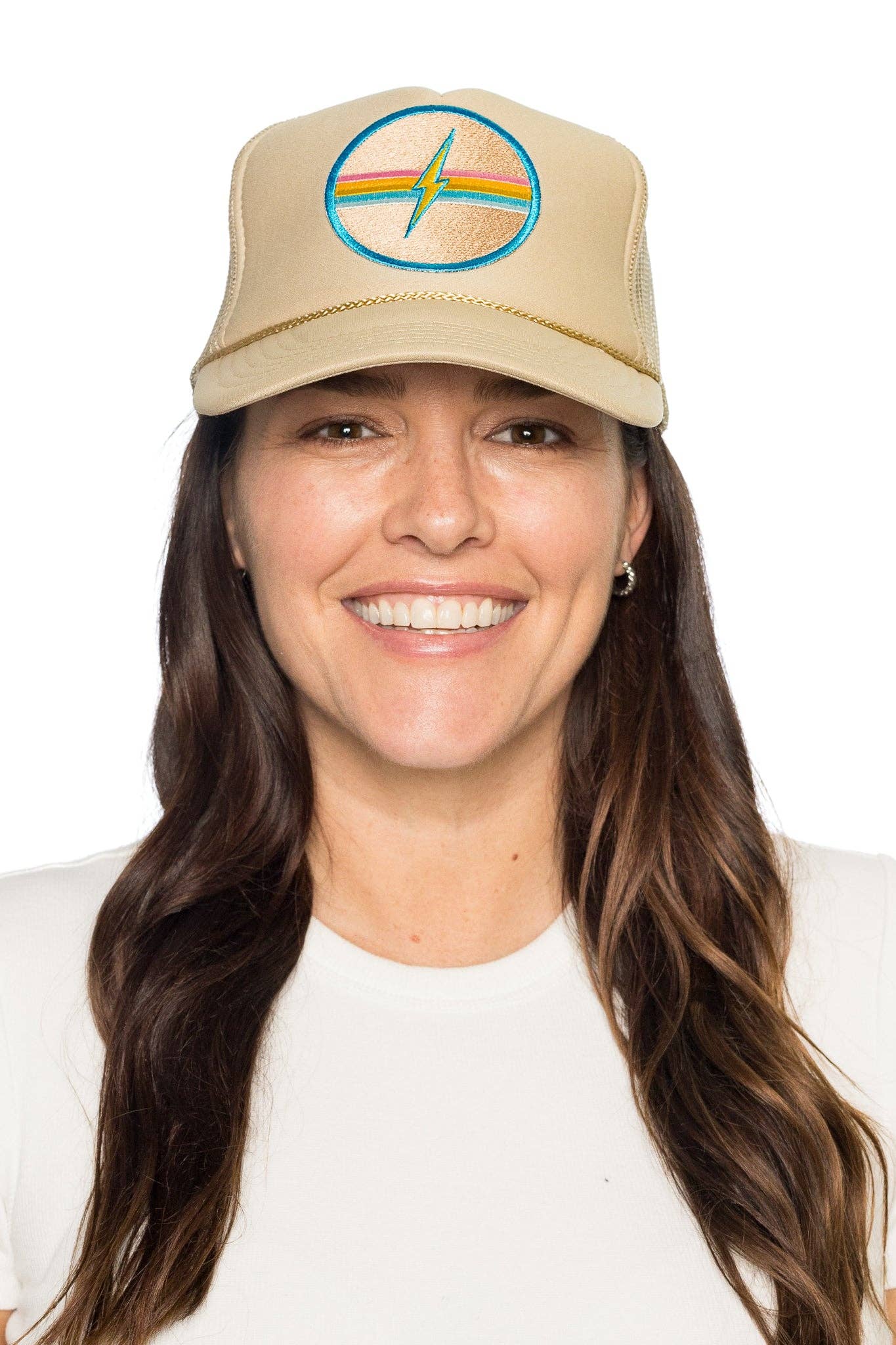 Electric Rainbow Trucker Hat in Tan for wholesale on Faire2