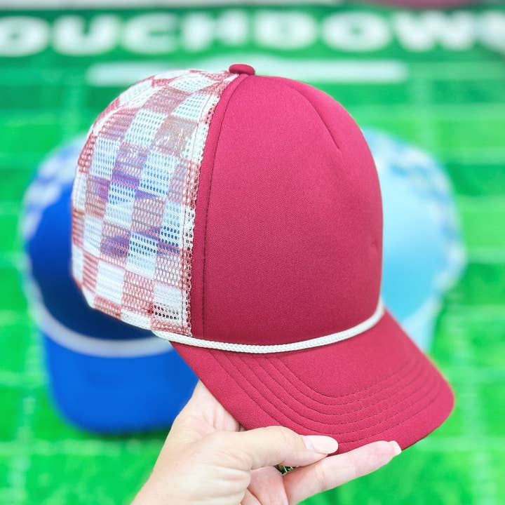 Maroon & White Checkered Foam Trucker Hat for wholesale by Trendy Transfers