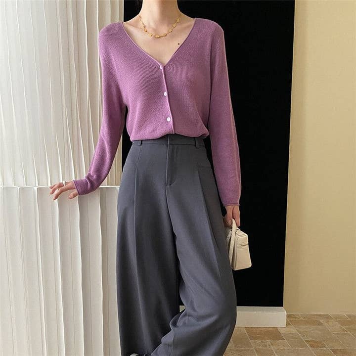 Cárdigan de punto acanalado con cuello en V de color liso para venta al por mayor de UZ Wholesale Store