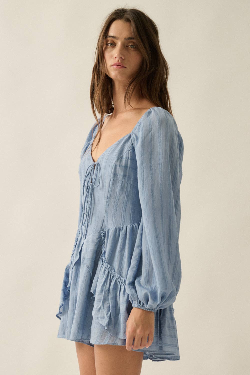 Promesa USA - Wholesale Romper - Women's - Textured Tonal-Stripe Ruffled Tie-Front Romper19