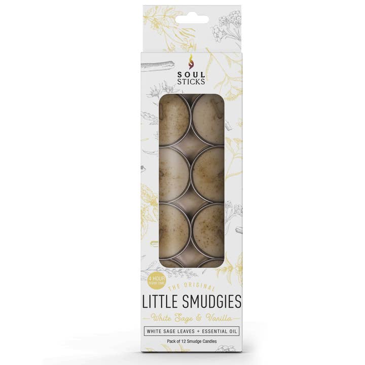 Candele Smudge alla Salvia Bianca e Vaniglia 'Little Smudgies' (12) per la vendita all'ingrosso da parte di Designs by Deekay Inc.