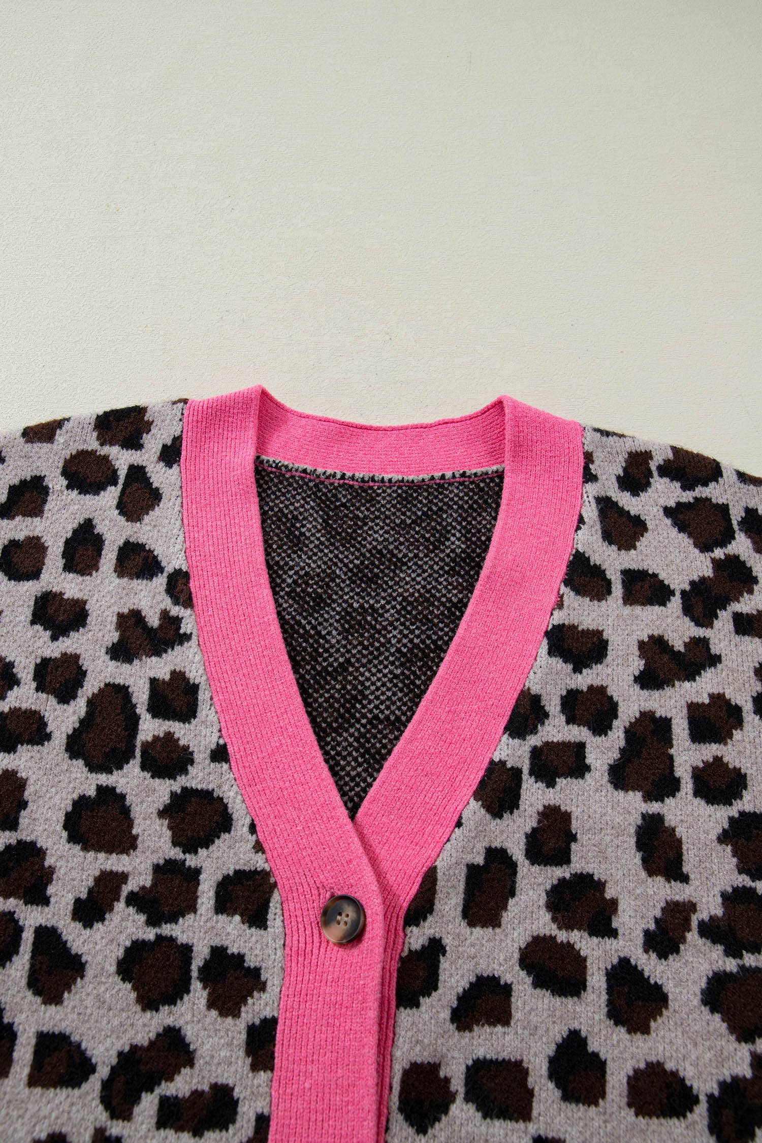 Brown 66Leopard Print Color Block Trim Sweater Cardigan (S-XL) for wholesale on Faire5