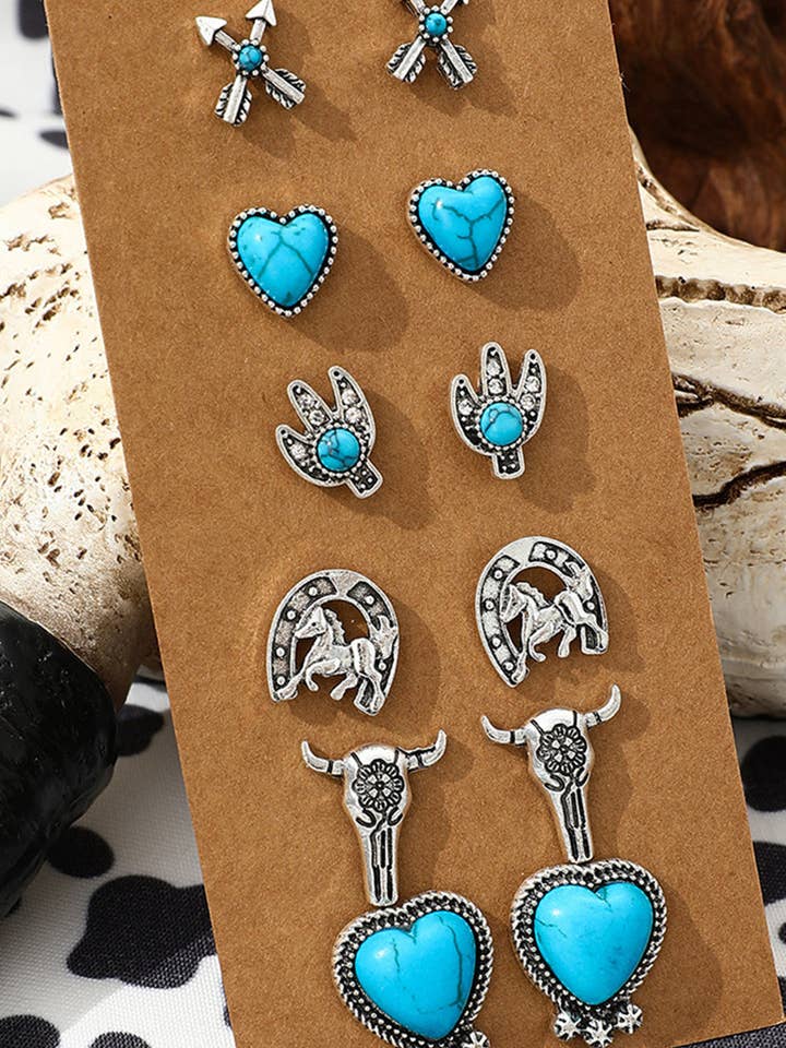 Silvery 6 Pairs Western Turquoise Alloy Stud Earrings for wholesale by Lovesoft