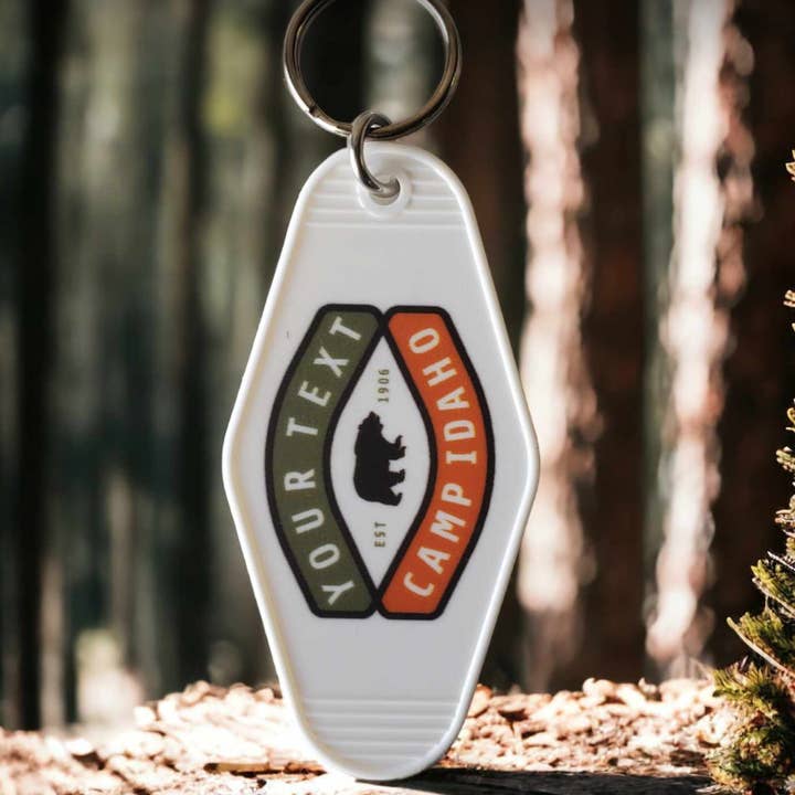 Customizable Text Bear Retro Hotel Keychain - White for wholesale by Mad River