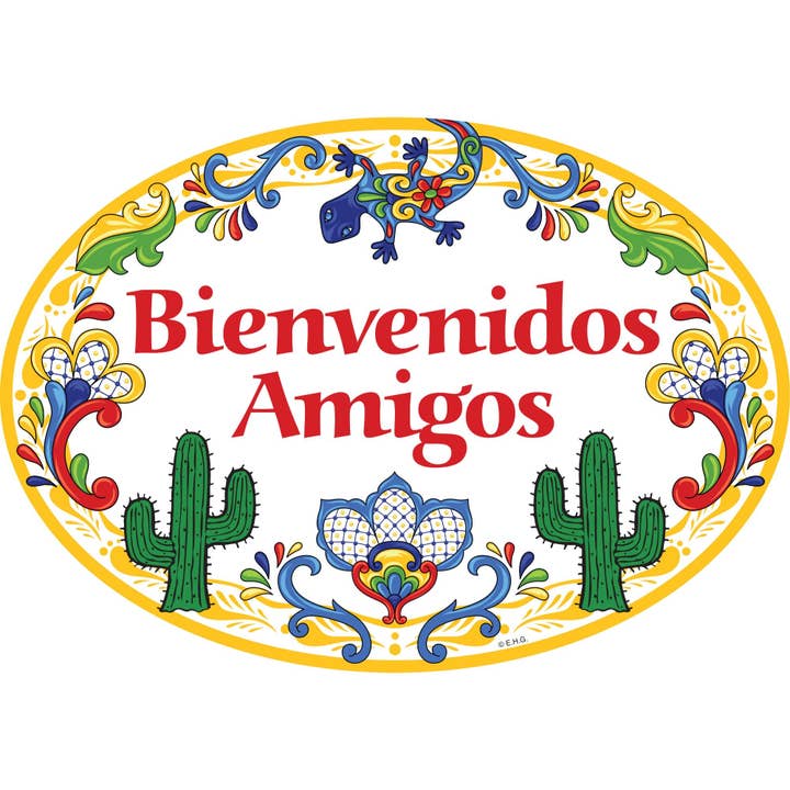 European Heritage Gifts - Wholesale Sign - Bienvenidos Amigos Decorative Yellow Ceramic Door Sign