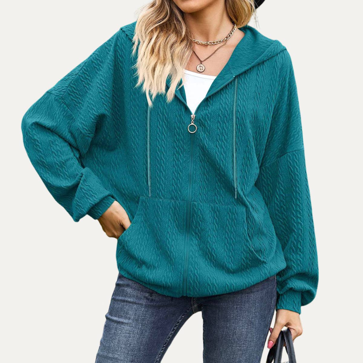 The Moment Collection - Wholesale Jacket - Women's - Leisure Days Textured Oversize Zip-Up Hooded Jacket7