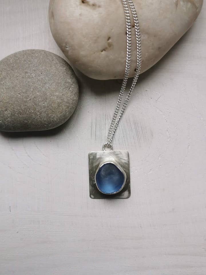 Handmade Natural Blue Seaglass Pendant Necklace for wholesale by Blue Marble Jewellery