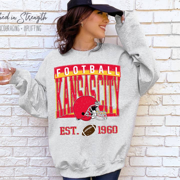 Kansas City Football Vintage Style Crewneck Sweatshirt for wholesale by Clothed in Strength