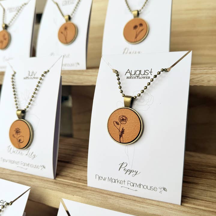 New Market Farmhouse - Wholesale Pendant/Charm Necklace - Birth Month Flower Necklaces - Leather Pendant Necklace Set