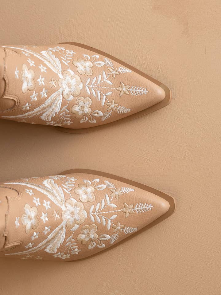 The Bailey | Apricot Embroidered Cowboy Bootie for wholesale on Faire