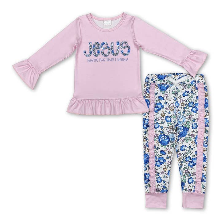 Jésus m'aime, je le sais, haut, pantalons à fleurs, vêtements pour filles pour la vente par Yawoo Garments