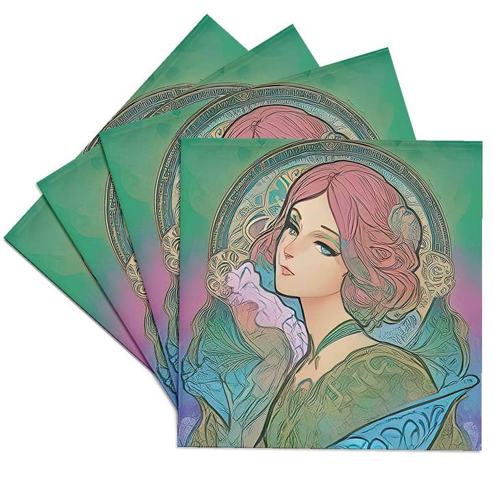 3dRose - Wholesale Coasters - 3dRose, Art Nouveau woman. Beautiful lady in green, blue, pink colors gift, Coaster