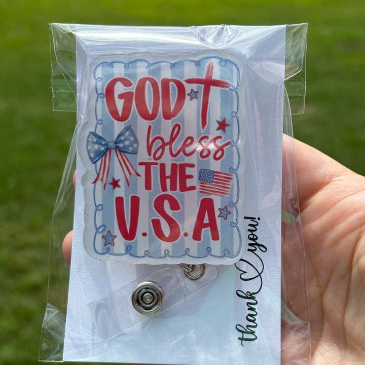 Hello Darling Designs - Wholesale Badge Accessory - Women's - God Bless the USA Badge Reel – Patriotic Acrylic ID Clip